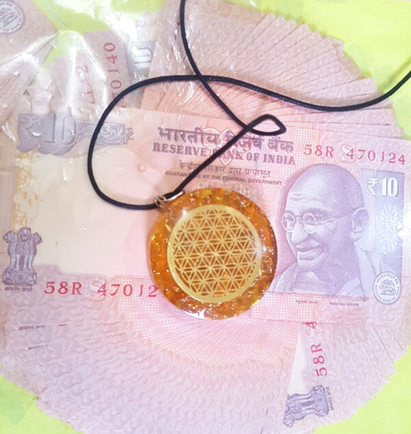 Citrine Flower of Life Infinity Metal Orgone Wealth Booster Pendant With Cord, Orgone Flower Of Life Infinity Coin Pendant - Image 5