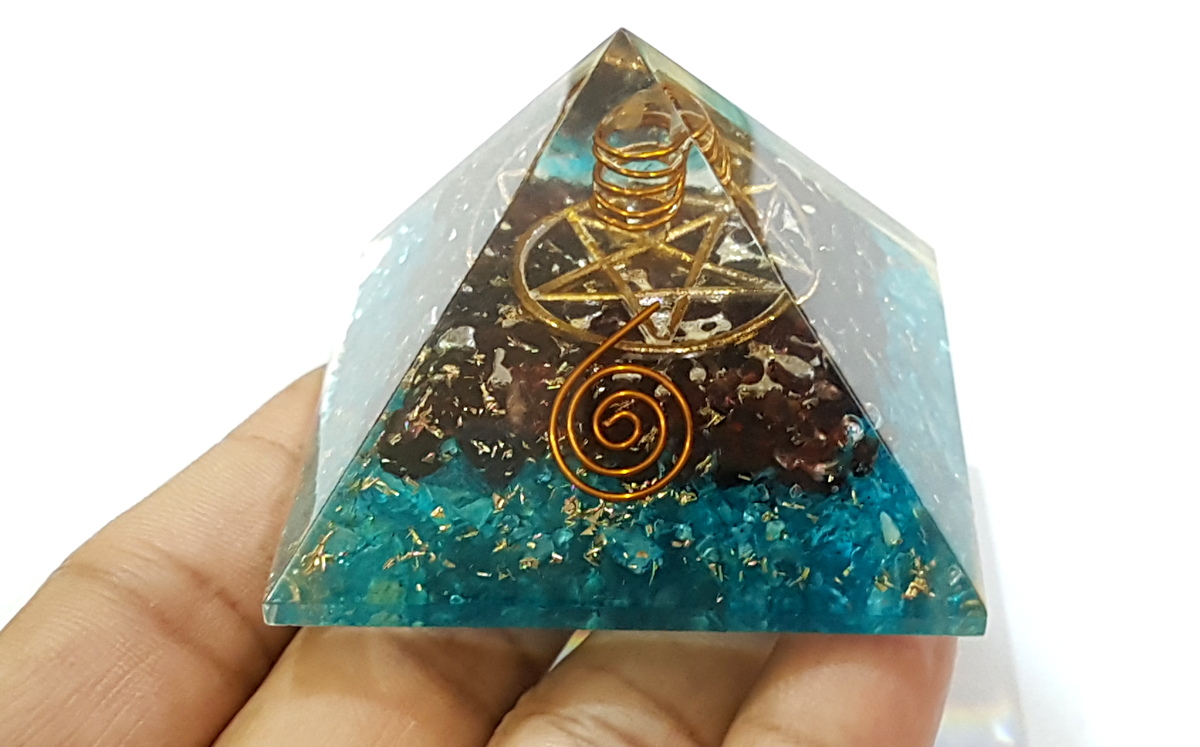 Blue Crystal & Garnet Combination Orgone Pyramid Heart Chakra Pyramid aura