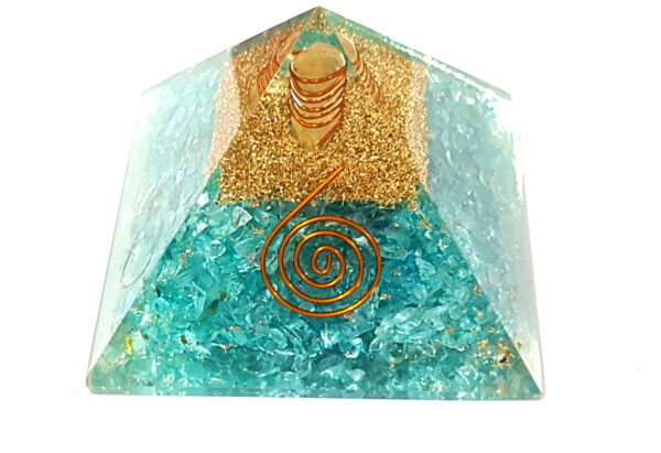 Blue Crystal Quartz Golden Copper Shrinks Healing Orgone Pyramid, EMF Protection, Chakra Balancing Pyramid, Reiki Chakra Meditation
