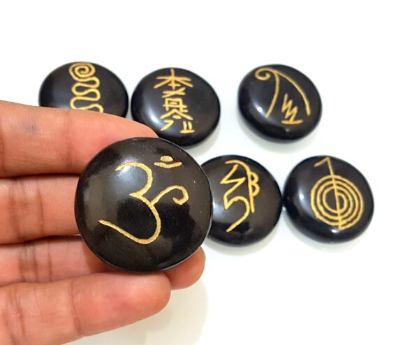 Black Tourmaline chakra engraved reiki disc Healing palm worry stones - Image 12