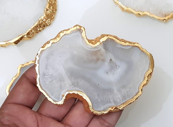Natural agate slice white coaster with golden rim 3" beautiful gift 5PCS SET - Image 6