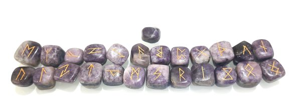 3 LAYERED BONDED LEPIDOLITE SODALITE AMETHYST RUNE SET OF 25 STONES,ENGRAVED SET - Image 2