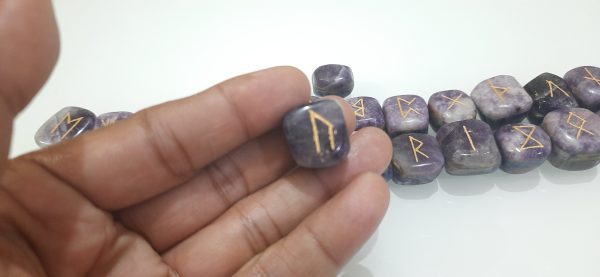 3 LAYERED BONDED LEPIDOLITE SODALITE AMETHYST RUNE SET OF 25 STONES,ENGRAVED SET - Image 4