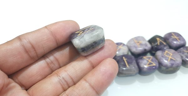 3 LAYERED BONDED LEPIDOLITE SODALITE AMETHYST RUNE SET OF 25 STONES,ENGRAVED SET - Image 5