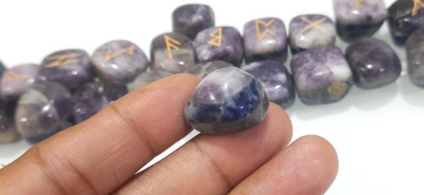 3 LAYERED BONDED LEPIDOLITE SODALITE AMETHYST RUNE SET OF 25 STONES,ENGRAVED SET - Image 8