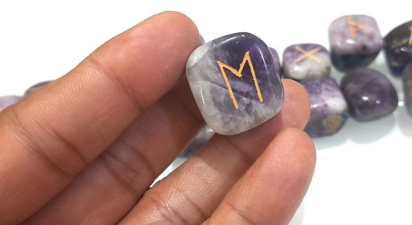 3 LAYERED BONDED LEPIDOLITE SODALITE AMETHYST RUNE SET OF 25 STONES,ENGRAVED SET - Image 9